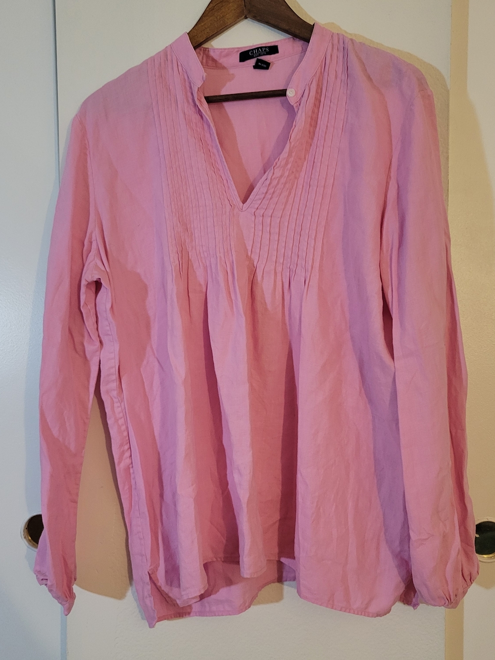 Chaps Light Pink Pintuck V-Neck Long Sleeve Tunic 100 % Linen